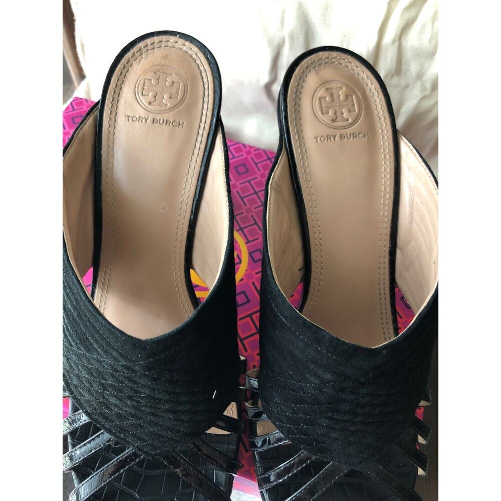Tory Burch Mule Black Suede & Patent Leather Block Heel Sandals Size 10 NIB - Picture 6 of 10